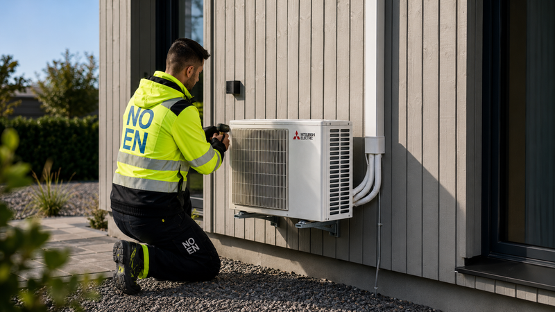 NOEN-montör monterar Mitsubishi Electric utomhusdel på husfasad