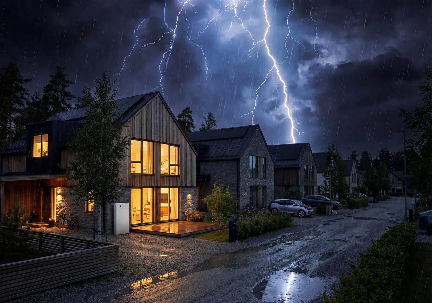 Villa med tänd belysning under åskoväder – batteriet försörjer huset i ö-drift