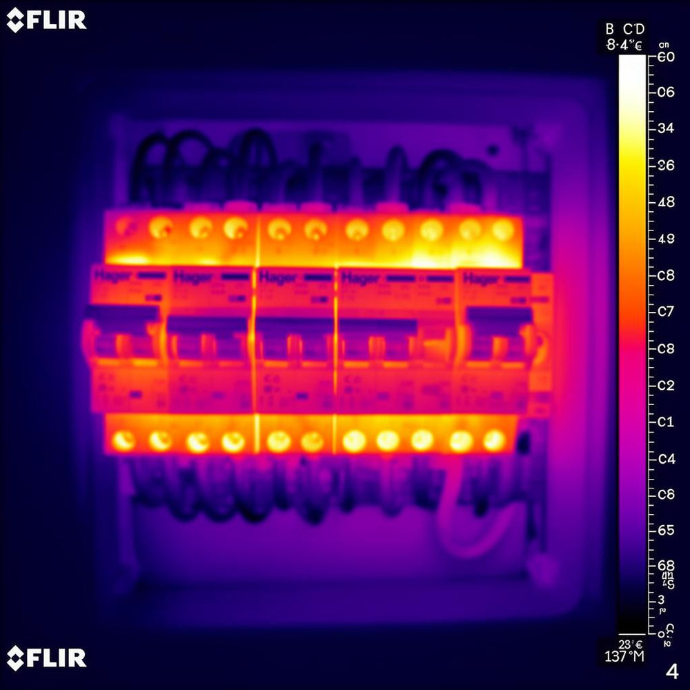 Tekniker termograferar elcentral med handhållen värmekamera