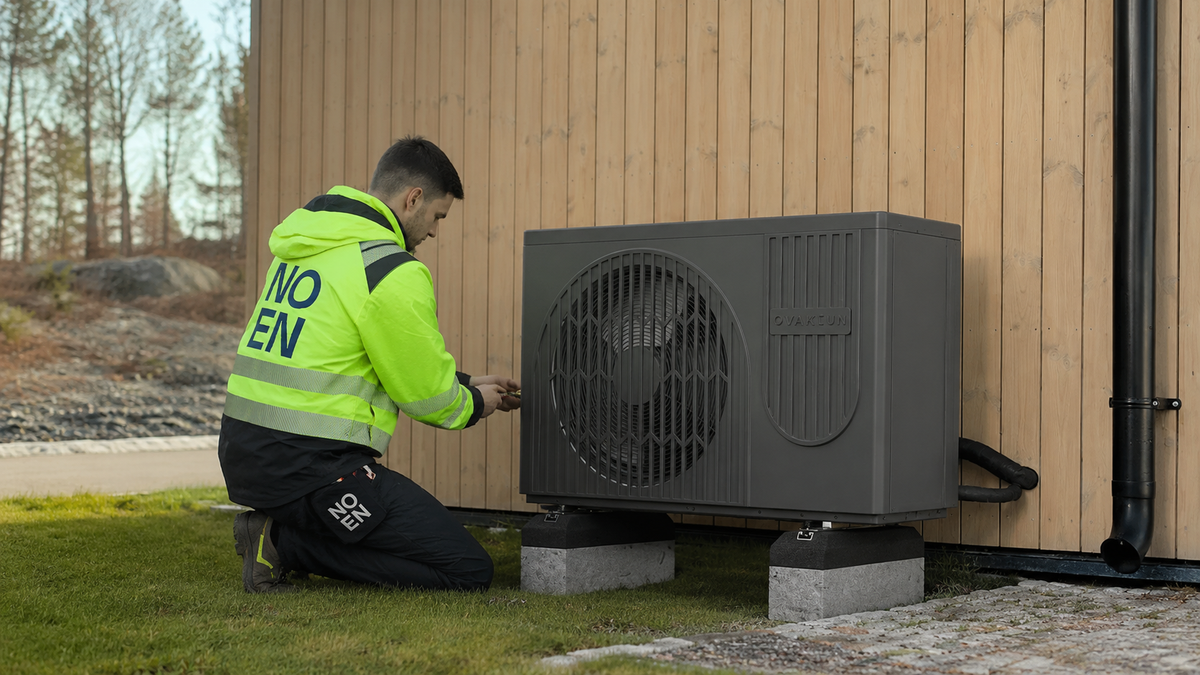 NOEN-montör installerar Qvantum utomhusdel vid träfasad