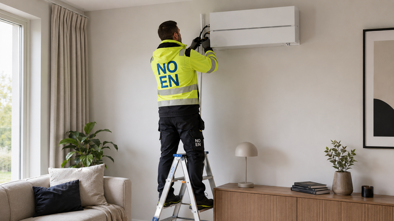NOEN-montör installerar Mitsubishi Electric inomhusdel i vardagsrum